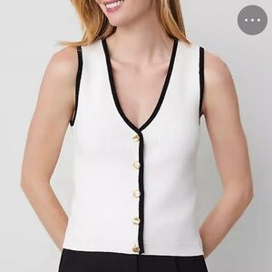 Ann Taylor Cream Knit Sleeveless Vest with Black Trim